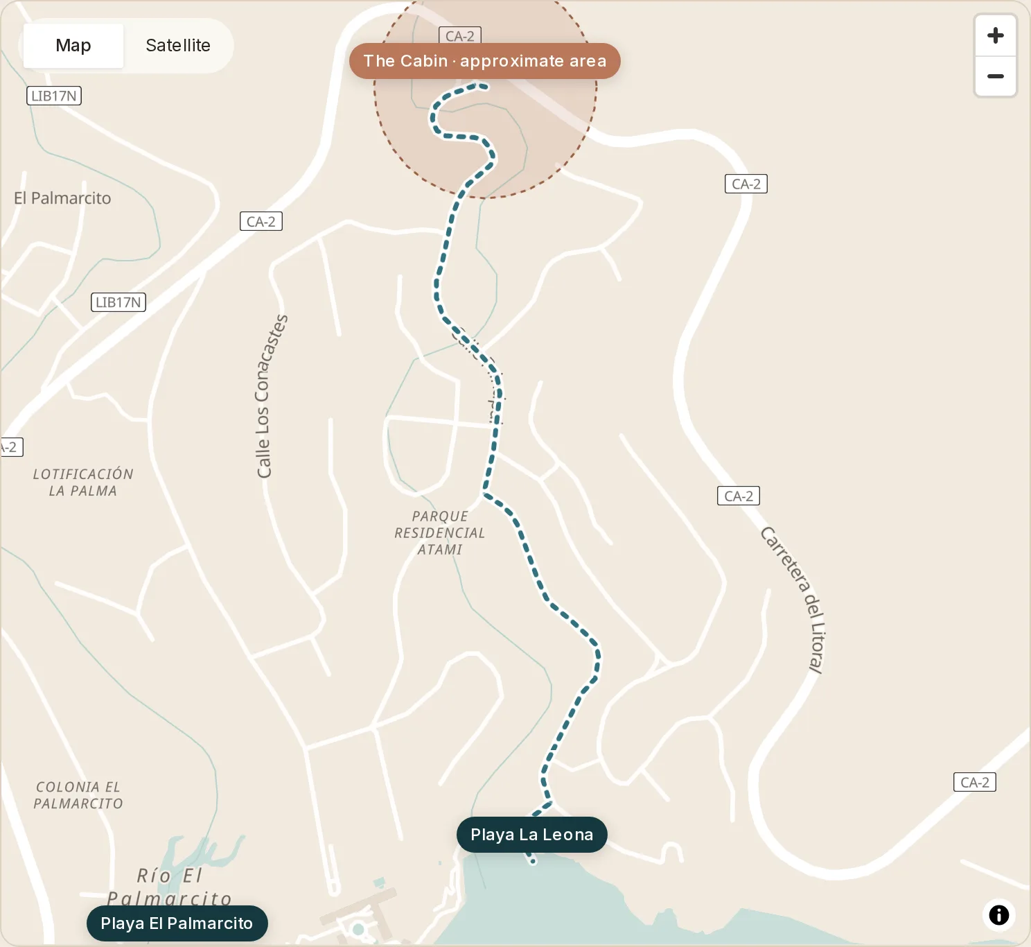 Mapa del área de The Cabin y las playas cercanas: Playa La Leona 10 min caminando, 6 min en carro
